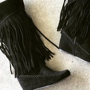 New! Black Fringe Moccasin Knee High Wedge Boot